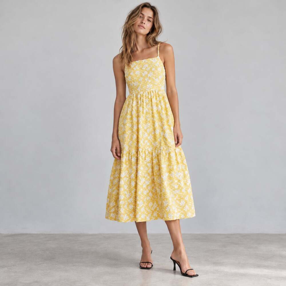 Maeve Rhonda Textured Midi Scoop Neck Daisy Border Dress Yellow Size 10